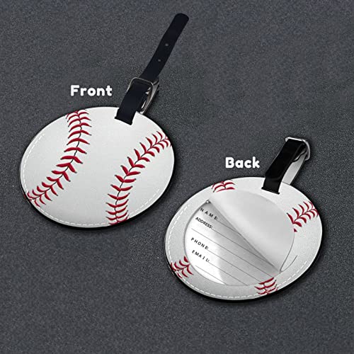 2 Packs Boys Mens Leather Luggage Suitcase Baggage Tag with Baseball Graphics Printed, Funny Sports-Themed White Travel Round Identifiers Tags Name Label with Privacy Cover3