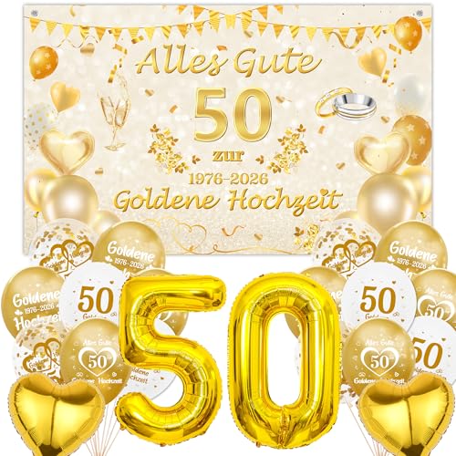 Goldene Hochzeit Deko Luftballons Banner Set - 50 Hochzeitstag Dekoration Ballons und Stoff Hintergrund Riesen Zahlenballon für 50. Hochzeit Jahrestag Party
