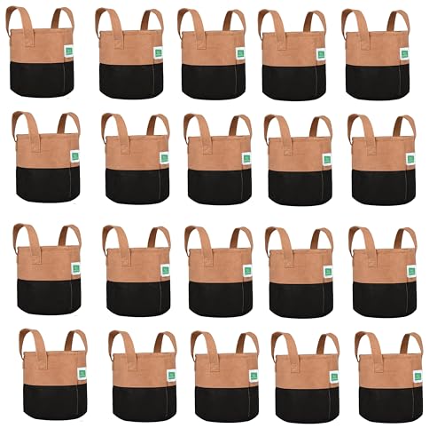 GREENSHEEP Geo Fabric Grow Bags UV Treated Gardening Cotton Pots Terrace Indoor Outdoor Home Balcony Nursery Leafy Vegetable Fruits and Flower (Black & Brown Round 400 GSM Size 15x15 Pack of 20)