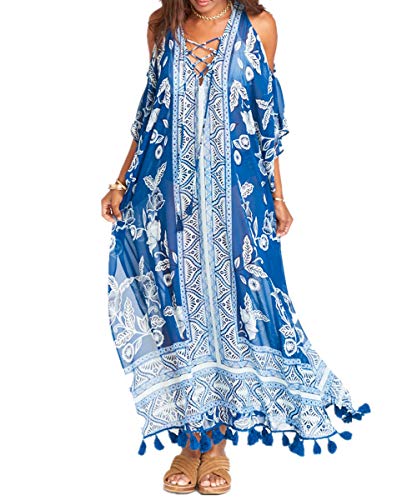 L-Peach Kaftan Vestido Largo de Playa para Mujer, Azul, Talla única Cover