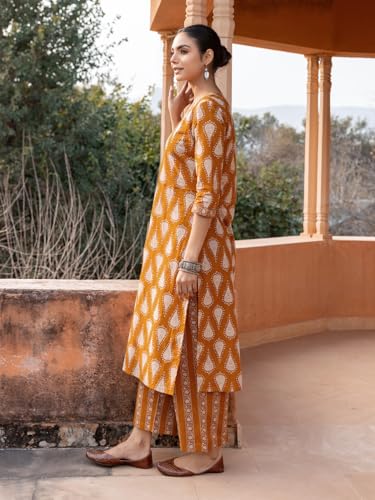 Image of FIORRA Women's Mustard Cotton Printed Straight-Cut Kurta Set