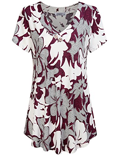 MOQIVGI Cute Tops, Ladies Stylish A-line Flared Flowy Floral Blouses Daily Wear V Neck Button Design Going Out Shirts Short Sleeve Tunics for Women to Wear with Leggings Multicoloured Red Medium