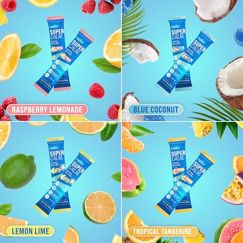 Image of Nello Supercalm Powdered Drink Mix, Cortisol Reducer* and Sleep Aid Supplement, L Theanine, Ksm-66 Ashwagandha, Magnesium Glycinate, Vitamin D 3, No Sugar, Non GMO, On The Go, 20 Ct, Variety Pack