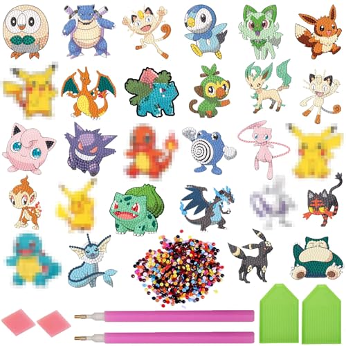 28 Stück Diamond Painting Aufkleber Set für Kinder 5-12 Jahre - DIY Diamant Malerei Kit mit Cartoon & Anime Motiven als Kreatives Bastelset für Jungen & Mädchen Geschenk und Kinderzimmer Deko
