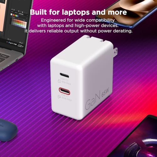 Image of Lenovo Dual USB-C 65W GaN Charger, 2 USB-C Ports, for Laptops /Tablets & Phones & More, Compact Size, Foldable Plug, Includes 1.5m USB C Cable, Model /Type: CC65, White