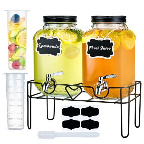 1 Gallon Glass Drink Dispensers for Parties, Beverage Dispenser with Stand and Fruit Infuser, Glass Lemonade Dispenser with Stainless Steel Spigot for Kombucha, Sun Tea, Juices, BBQ, Weddings