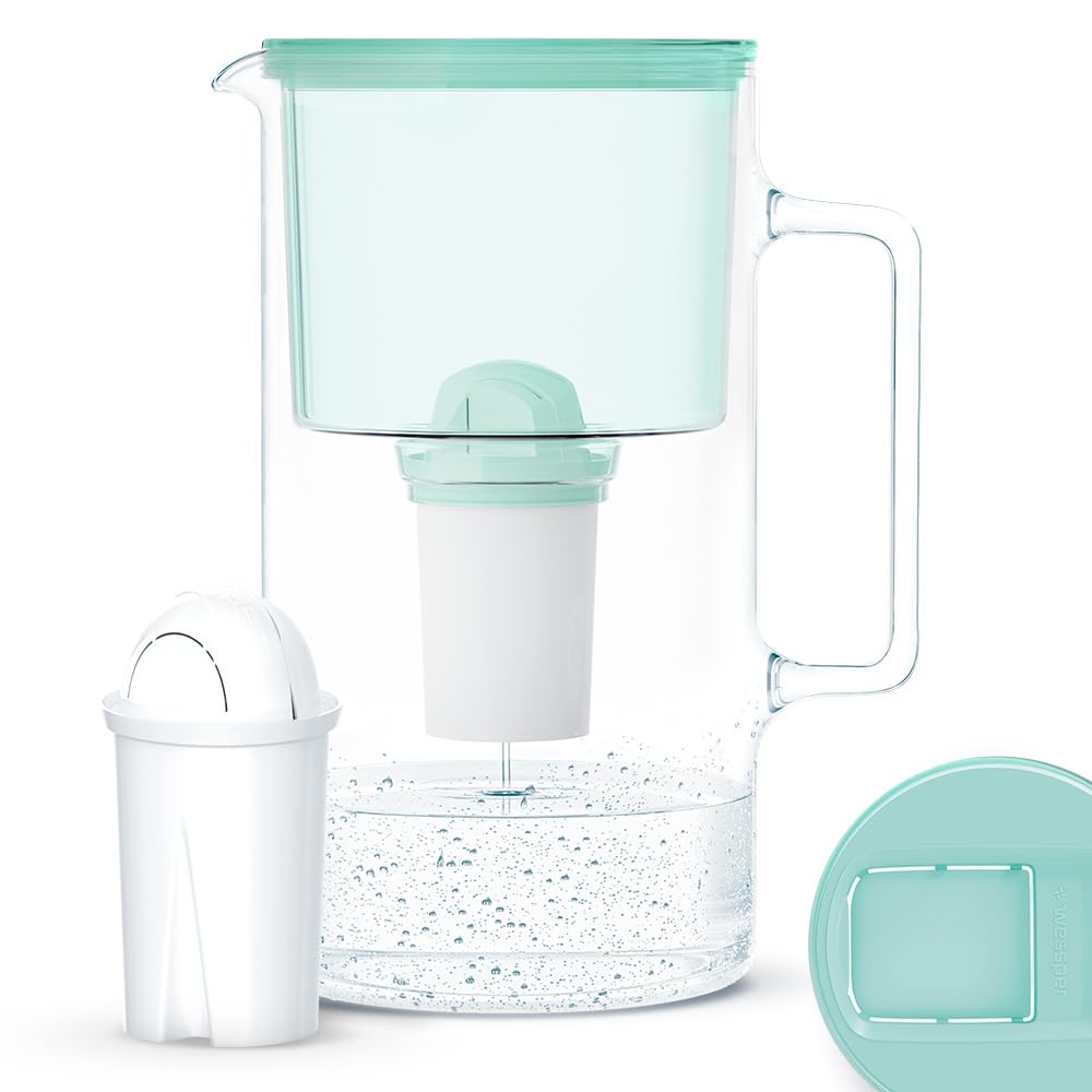 WessperGlass Water Filter Jug, Incl. 1 Filter Cartridge Aquaclassic Filter| Reduces Lime & Chlorine And Eliminates Plastic Microparticles 3 Litre - Mint