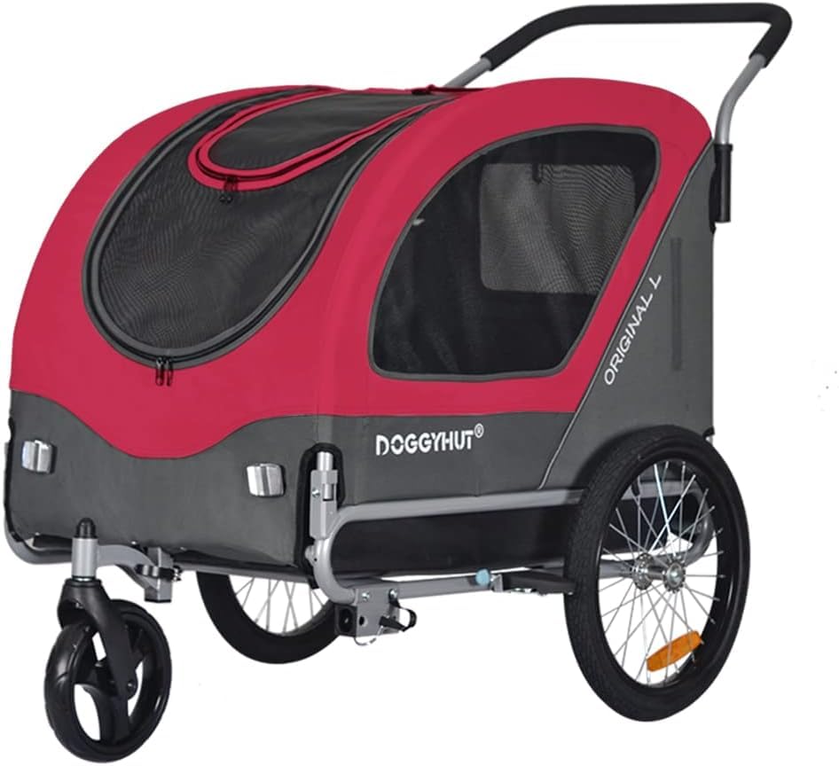 Doggyhut Large Pet Bike Trailer & Stroller for Dogs Up to 35kgs Parking Brakes (Red/Black)