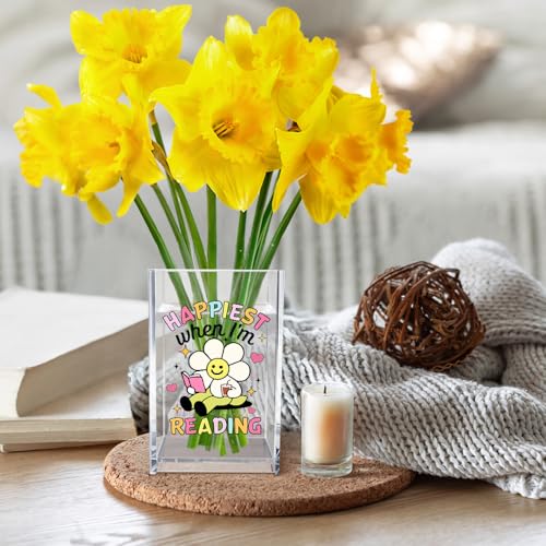 Image of Happiest When I'm Reading Acrylic Cosmetic Pencil Pen Holder Cup, Boho Bookish Desk Organizer Accessories, Bookworm Gifts, Book Lover Gifts for Women Girl Book Club Member Daughter Student