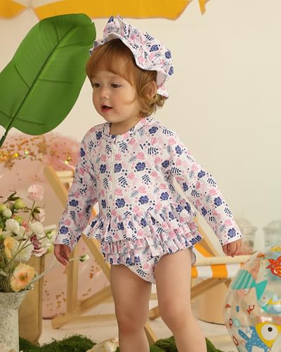 Image of Toddler Girl Swimsuit Baby Girl Bathing Suit Long Sleeve Floral Zipper One-Piece Rash Guard Swimsuit with Hat
