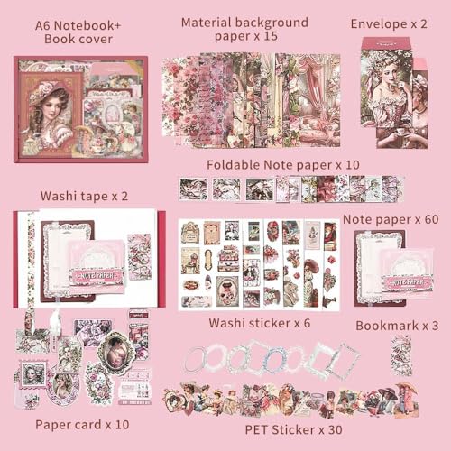 Image of VIBE VISTA Vintage Aesthetic Scrapbook Kit, 346 Pcs, A6 Grid Notebook, Washi, Envelopes, Scrapbook Papers, Folding Labels, Background Papers, Photo Frames, Calendar Stickers, Stickers (Vitorian Pink)