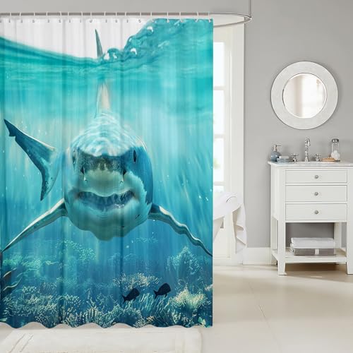 Image of Feelyou Shark Shower Curtain for Stalls Bathtubs 3D Shark Fish Bathroom Shower Curtain Set Ocean Marine Theme Bath Curtain Room Decor Wild Animal in The Sea Waterproof Bathroom Curtains 72x84 Inch