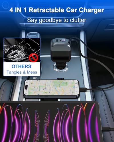Image of 170W Dual USB C Retractable Car Charger, 4-in-1 Fast Charging Car Adapter | Super Fast Charging for MacBook Pro, iPhone 17 /16 /15, Samsung, iPad Pro & AirPods, Ideal Car Accessory Gift for Men and Women