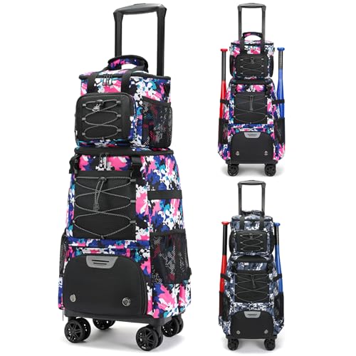 JDITVYHANO Baseball & Softball Bag - Rolling Wheeled Bat Bag with Shoe Compartment for Tball Gear & Equipment (Pink)