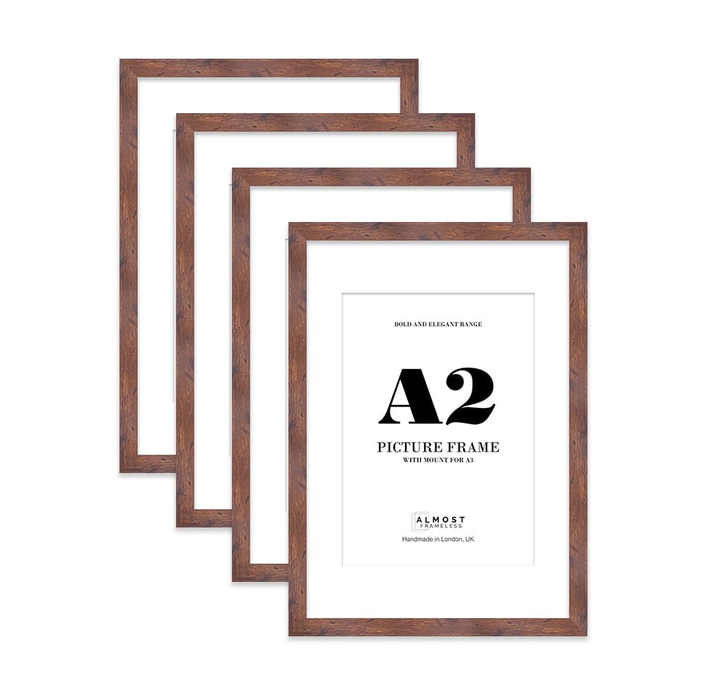 A2 Picture Frame With Mount For A3 or A2 Without Mount - Wide Molding - Pre-Installed Wall Mounting, Rustic Wood, 4 Pack
