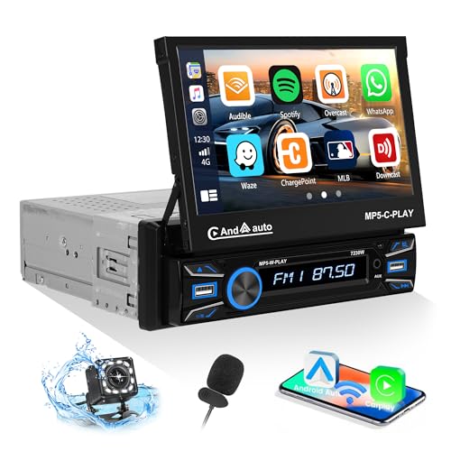CAMECHO Wireless Autoradio 1 Din Carplay Android Auto Lien Miroir avec 7 Pouces Motorisé et Extensible Écran Tactile Post Radio Voiture Bluetooth Main Libres...
