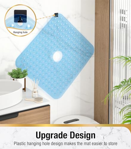 Image of HITSLAM Shower Bathtub Mat Non Slip, 24 inchx 24 inch Bath Mat for Tub, Soft PVC Shower Mats for Inside Shower with Suction Cups and Center Drain Hole, Machine Washable Bathroom Floor Mat, Blue