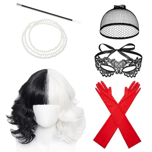 LUFEIS Peluca Cruela Devil, Peluca Cruella Devil Blanco y Negro, Disfraz Cruella Devil Mujer, Cruella de Vil Disfraz, Peluca Cruella para Carnaval de Halloween y Fiesta de Disfraces