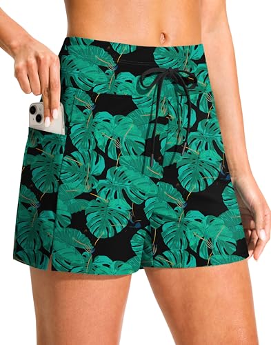 Women's 4" High Waisted Swim Board Shorts with Pockets Quick Dry Swimming Swimsuit Bathing Suit Bottoms for Women(Leaf,XL)