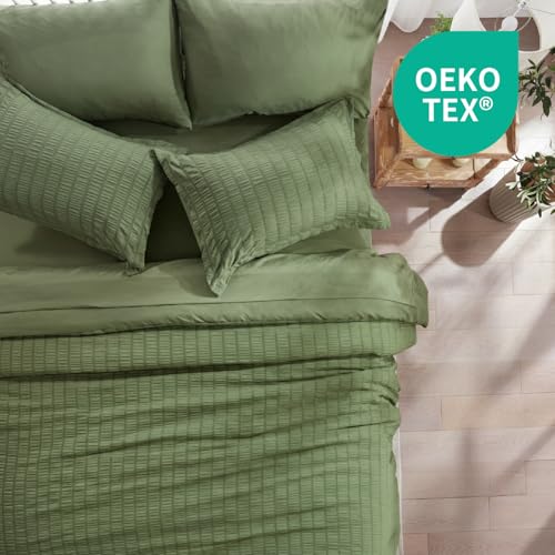 Image of Zzlpp Full Comforter Set 7 Pieces, Olive Green Seersucker Bed in a Bag with Comforter and Sheets, All Season Bedding Sets with 1 Comforter, 2 Pillow Shams, 2 Pillowcases, 1 Flat Sheet, 1 Fitted Sheet