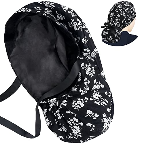 ABAMERICA Scrub Caps for Women Surgical Caps Nurse Hat Functional Ponytail Holder for Long Hair Single or Satin-Lined A- 96 Satin Lined Black With White Fl