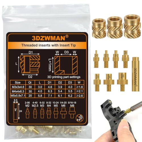 Threaded Inserts with M2-M8 Heat Set Insert Tools,Brass Metric Knurled Nuts for 3D Printing Components and Plastic Parts (M3x3x4.6-30PCS M4x4x6.3-30PCS M5x5.8x7.1-20PCS)