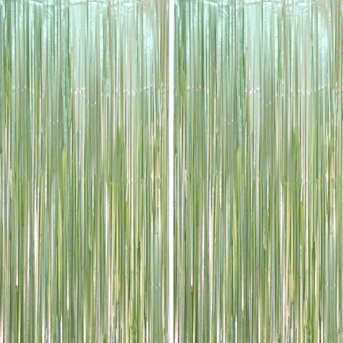 Image of Voircoloria 2 Pack Sage Green Foil Fringe Backdrop Curtains, Tinsel Streamers Party Decorations, Fringe Backdrop, Door Shimmer for Baby Shower or Birthday Party