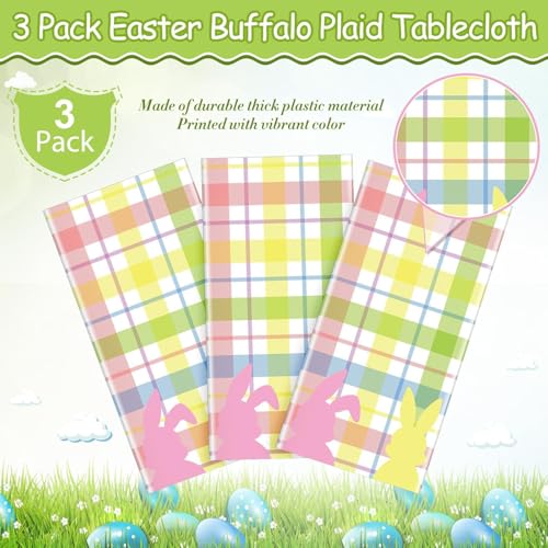 Image of OQOQ Plaid Pastel Easter Tablecloth (3 Packs) -108x54 inches Easter Table Cloth Colourful Happy Bunny Disposable Waterproof Table Cover for Spring Party Decoration Picnic Dinning Home Decor