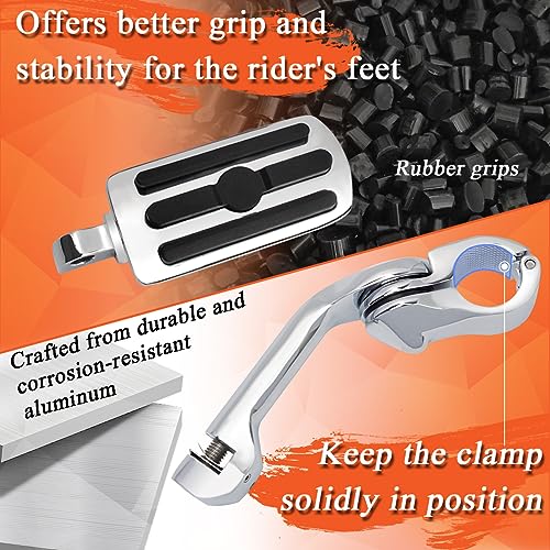 FOVPLUE 1.25" Highway Footpegs,Adjustable Long Angled Highway Pegs w/Mounts for Harley Touring Street Glide Electra Glide Road King Softail CVO Dyna Trike VRSC Sportster w/1-1/4" Engine Guard,Chrome#1