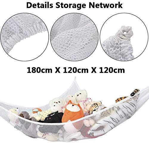 Hammock Storage Net, NALCY Storage Hammock, with 3 Strong Hook Metal Hook, Hammock Net for Kids Bedroom Storage, for Teddys Storage, Nursery Play(70.9 x 47.2 x 47.2inches) (White)