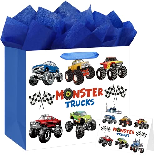 Laidans 16.5 Happy Birthday Gift Bag with Tissue Paper and Card for Kids Baby Boys Birthday (Monster Trucks Design) (Extra Large Blue)