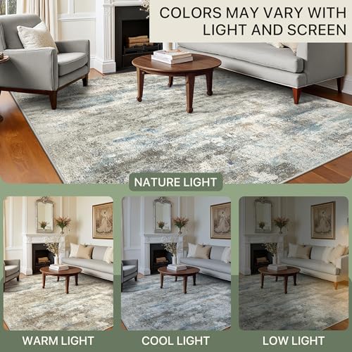 Image of BEIMO Area Rugs 5x7 for Living Room Bedroom, Modern Abstract Machine Washable Rug, Large Soft Low Pile Floor Carpet with Non Slip Backing for Dining Room, Blue /Taupe
