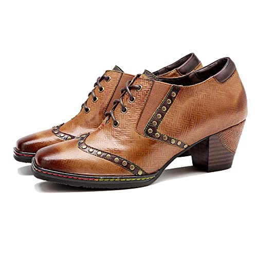 CrazycatZ Leather Pumps,Womens Colorful Vintage Block Heel Pumps Oxford Shoe3