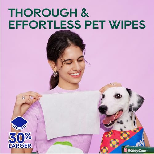 Image of HONEY CARE Disposable Pet Wipes for Dogs & Cats, Fragrance-Free, Cleansing & Soothing for Paws, Butt & Body, 100 Count (Pack of 9)