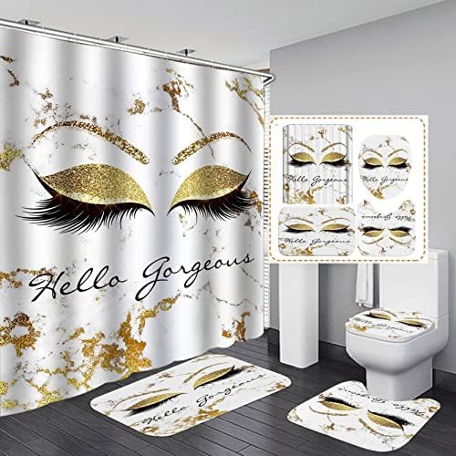 OLEBETY 4PCS Hello Gorgeous Unicorn Eyelash Shower Curtain Set with Rugs, Luxury Diamond Gold Glitter Eyebrow Eyeshadow Makeup White Marble Glam Modern Fashion Women Bathroom Decor, Hello Gorgeous