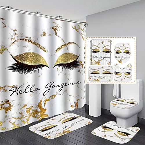 Olebety 4Pcs Hello Gorgeous Unicorn Eyelash Shower Curtain Set With Rugs, Luxury Diamond Gold Glitter Eyebrow Eyeshadow Makeup White Marble Glam Modern Fashion Women Bathroom Decor, Hello Gorgeous #TOP3