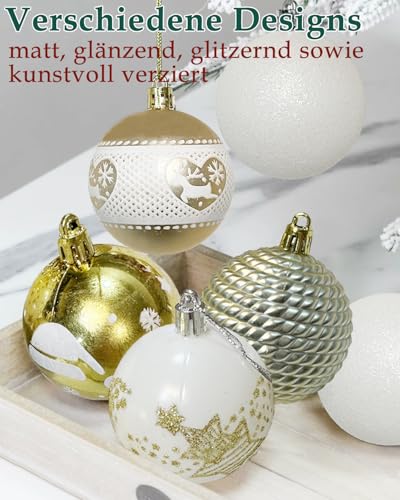 40-częściowy zestaw bombek choinkowych, plastikowe bombki choinkowe odporne na stłuczenie z zawieszkami, bombki choinkowe o matowych, błyszczących i brokatowych powierzchniach, dekoracje choinkowe bia