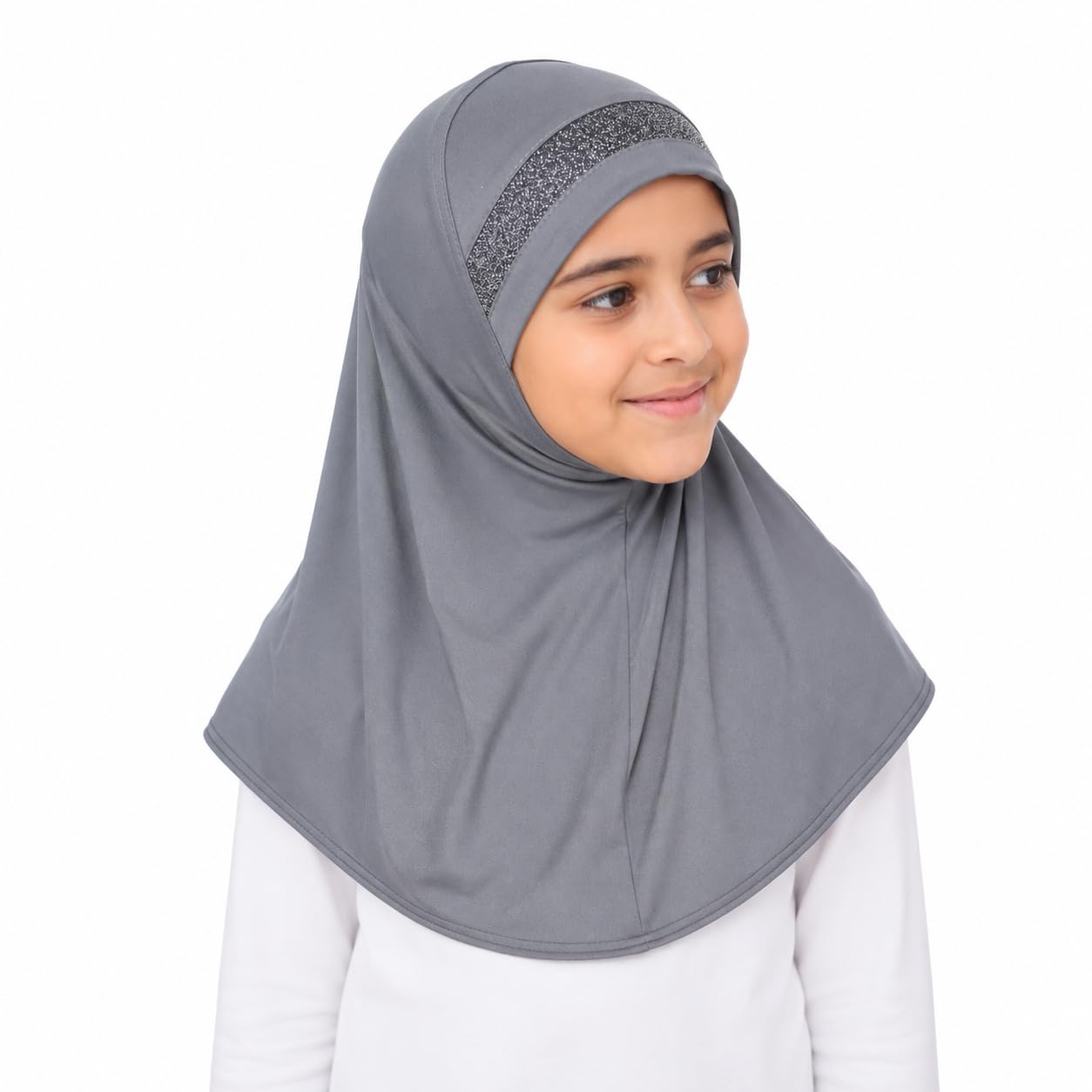 Yaqeen Girls instant headscarf hijab al Amira with glitter borde, readymade pull on scarf, ideal for any occassion school/nursery (Grey)