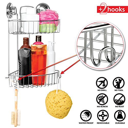 HASKO accessories - Suction Cup Corner Shower Caddy | 304 Stainless Steel Polished Chrome Shelf 2 Tier Basket Holder for Bathroom and kitchen