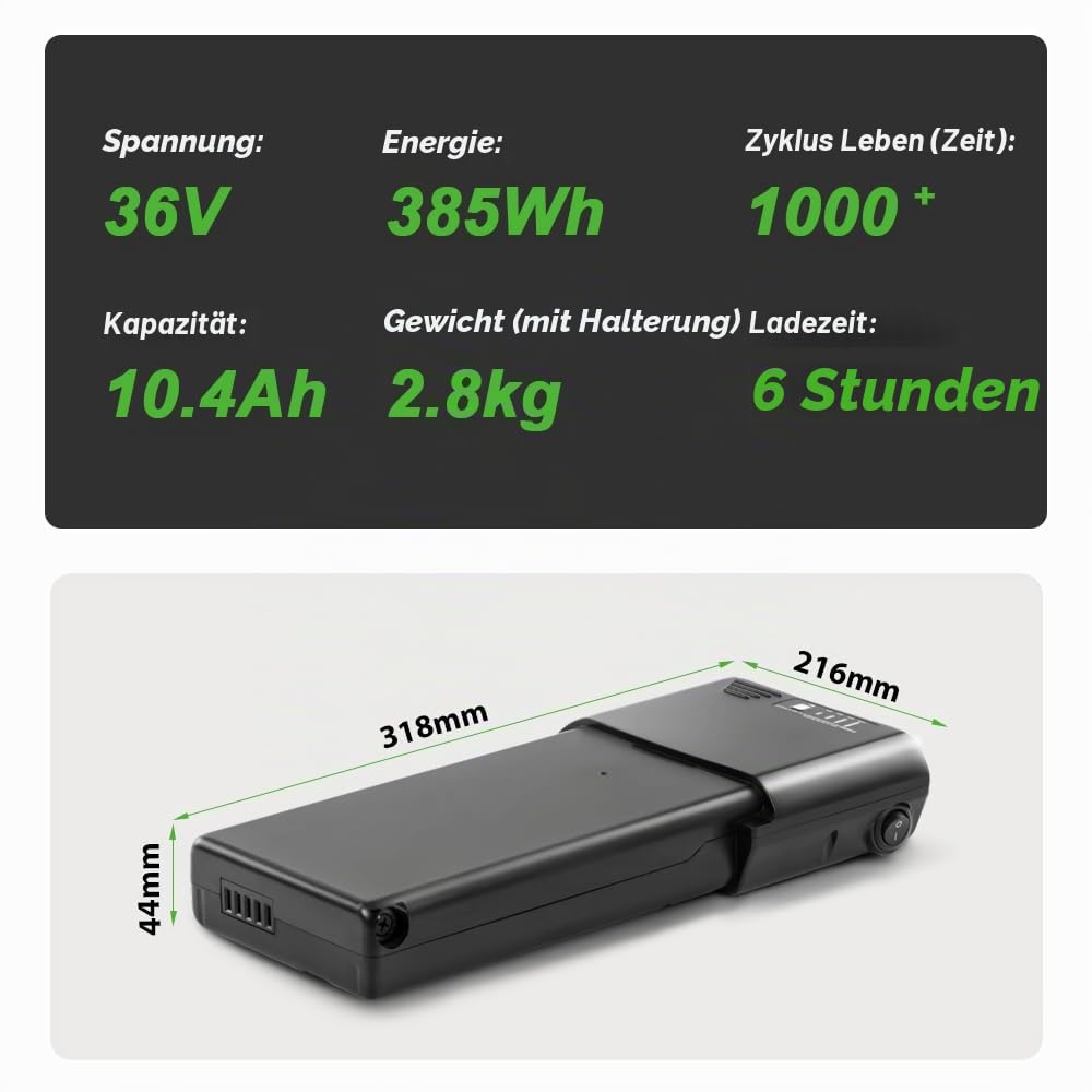 E-Bike Li-ion Batterie 36V 10,4Ah für MiFa, Zündapp, Ansmann Gepäckträgerbatterie