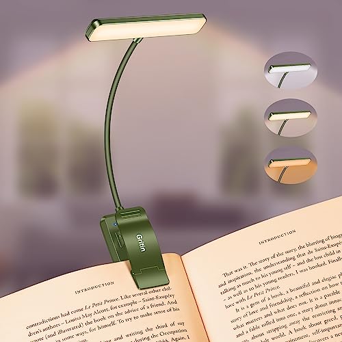Image of Gritin 19 LED Rechargeable Book Light for Reading in Bed with Memory Function- Eye Caring 3 Color Temperatures,Stepless Dimming Brightness,90 Hrs Runtime Clip on Light for Book Lovers-Dark Green