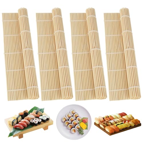 XIEJ 4 Stück Sushi Matte, 24 x 24cm Bambusmatte Sushi Roller, Wiederverwendbare Rollmatte aus Natürlichem Bambus für Küche, Japanisches Restaurant