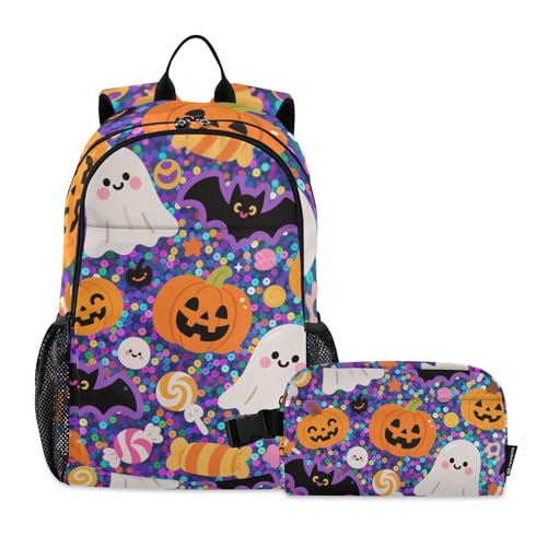 KLL Zainetto e portapranzo giallo con paillettes di Halloween (scenario) borsa per libri per ragazzi 9-10 anni