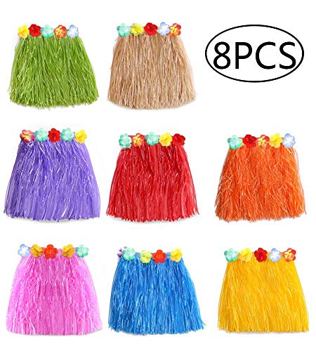8PCS Hawaiian Luau Hula Skirts - Grass Hibiscus Flowers Birthday Tropical Party Decorations Favors Supplies