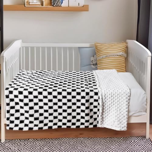 Soft Checkered Baby Blankets for Unisex Girls or Boys Breathable Gender Neutral Nursery Double Layer Blankets with Dotted Backing for Newborn Toddlers (30” X 40”)