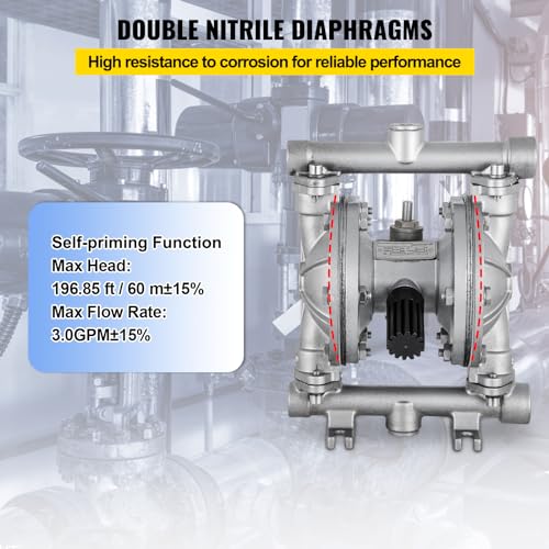 VEVOR luftbetriebene Doppelmembranpumpe, 1/2 Zoll Einlass und Auslass, Edelstahlgehäuse, 8,8 GPM und max. 120 PSI, pneumatische PTFE-Membran-Transferpumpe für Erdöl, Diesel, Öl und Flüssigkeiten
