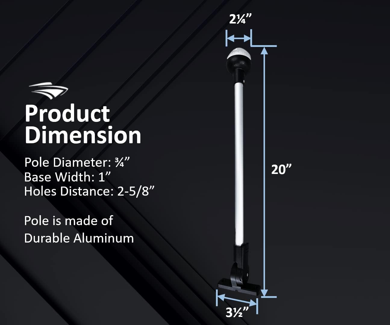 Aluminium LED RV Adjustable All Round 360 Degree with Stern Pole Navigation Anchor Light Pontoon Fishing Boat Kayak (20" Horizontal)