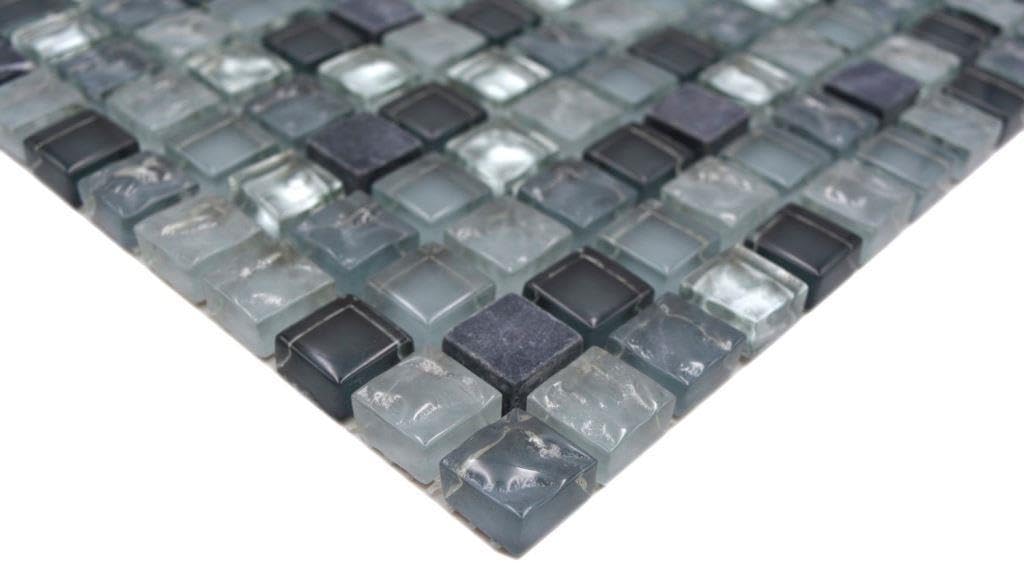 Mosaico di vetro quadrato Crystal/pietra mix trasparente/grigio/argento pietra naturale, 15 x 15 x 8 mm, dimensioni foglio: 322 x 305 mm, 10 fogli