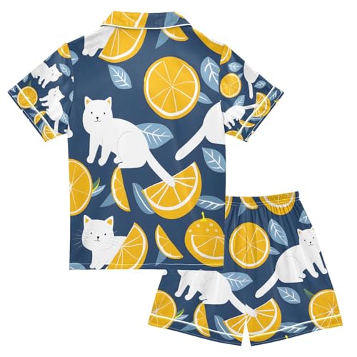 senya Cat on Lemon Background Satin Summer Pajama Sets Silk Short Sleeve Button Down Sleepwear2