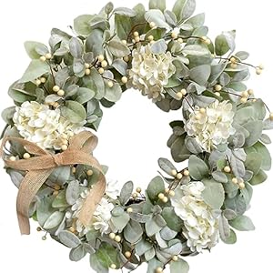 Idyllic 20 Inch Lambs Ears Leaves Everyday Wreath with Ivory Hydrangea and Cream Berries, Spring Summer Greenery Wreath with Burlap Ribbon Bow Knot for Doors, Rustic and Farmhouse Style Home Decor Idyllic 20 Inch Lambs Ears Leaves Everyday Wreath with Ivory Hydrangea and Cream Berries Spring Summer Greenery Wreath with Burlap Ribbon Bow Knot for Doors Rustic and Farmhouse Style Home Decor